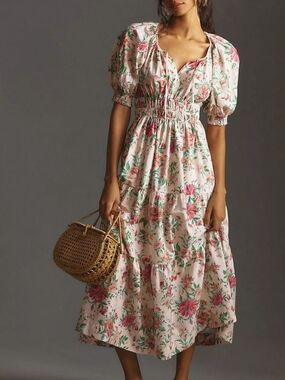 By Anthropologie Somerset Puff Sleeve Pink Floral Midi Dress